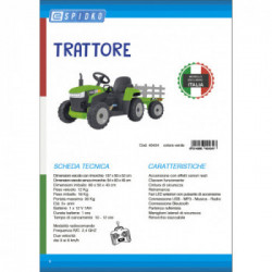 E-Spidko Trattore elettrico 12V 7AH con rimorchio colore verde, mis. 137 x 50 x 52 cm, accensione con effetti sonori reali,