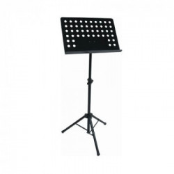 Leggio da orchestra con piano in metallo traforato.