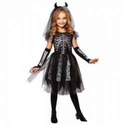 COSTUME SKELEDEV BRIDE (vestito, guanti senza dita, velo sposa con corna) (140 cm / 8-10 Years)
