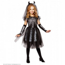COSTUME SKELEDEV BRIDE (vestito, guanti senza dita, velo sposa con corna) (140 cm / 8-10 Years)
