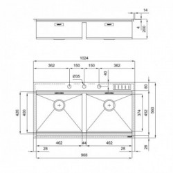 Foster 1020 055 - Lavello Milano, 2 Vasche, 102.4 x 56 cm, Acciaio Inox 