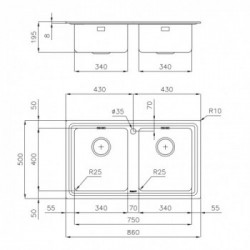 Foster 3274 050 - Lavello Evo, 2 Vasche, 86 x 50 cm, Acciaio Inox