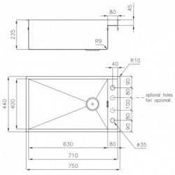 Foster 1237 050 - Lavello Quadra Filotop | FTS, 1 Vasca, 75 x 44 cm, Acciaio Inox