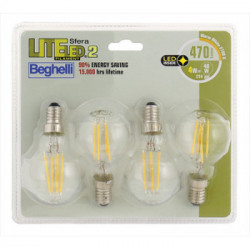 BEGHELLI LAMP. LED SFERA 4W 2700K Filament Led 2 tipo Sfera luce calda E14 Confezione 4pz