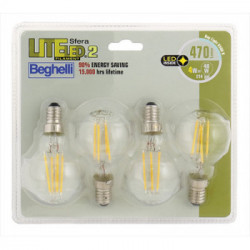 BEGHELLI LAMP. LED SFERA 4W 6500K Filament Led 2 tipo Sfera luce fredda E14 Confezione 4pz