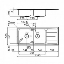 Foster 5812 062 - Lavello Elettra Sopratop, vasche a SX, Inox spazzolato, 116x50 cm