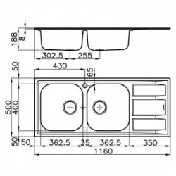 Foster 1972 061 - Lavello FM Sopratop, vasche a DX, Inox spazzolato, 116x50 cm