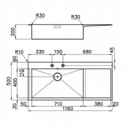 Foster 1416 002 - Lavello New Wave Sopratop o Filotop, vasca a SX, Inox spazzolato, 116x52 cm
