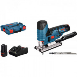 Bosch Professional GST 12V-70 - Seghetto Alternativo 12V, 2x3,0 Ah, Prof Taglio 70mm, Set di Aspirazione, Caricabat + L-Boxx