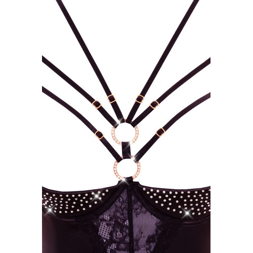 Abierta Fina Rhinestone - Body Nero con Seno e...