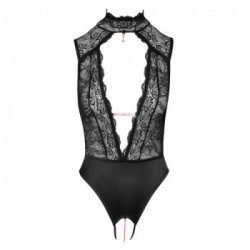 Abierta Fina Lace - Body Nero in Pizzo, Taglia XL
