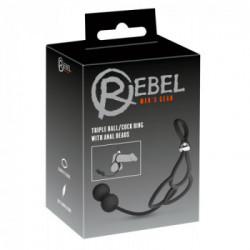 Rebel Triple Ball Cock Ring with Anal Beads - Anello Combinato per Pene e per Testicoli, 2 Perline Anali, Resistente, Regolabili