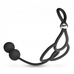 Rebel Triple Ball Cock Ring with Anal Beads - Anello Combinato per Pene e per Testicoli, 2 Perline Anali, Resistente, Regolabili