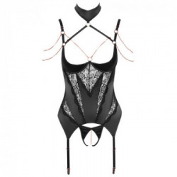 Abierta Fina Basque and String - Body in Pizzo, Raso Elastico, Nero, Taglia 85B/L