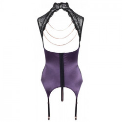Abierta Fina Basque and Crotchless String - Body Viola con Busto e Reggicalze in Raso, Taglia L