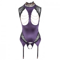 Abierta Fina Basque and Crotchless String - Body Viola con Busto e Reggicalze in Raso, Taglia M