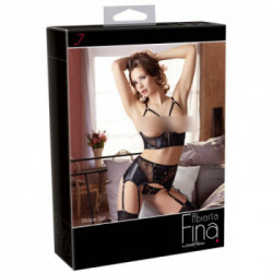 Abierta Fina Set - Completino Reggiseno, Reggicalze, Perizoma, Pizzo Nero, Taglia XL
