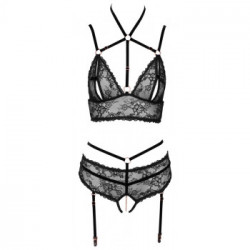 Abierta Fina - Set Reggiseno, Reggicalze, Pizzo Nero, Tg. L