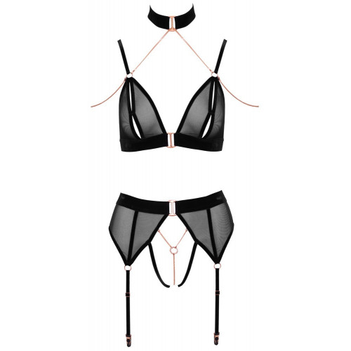 Abierta Fina - Set Reggiseno, Reggicalze, Nero,...