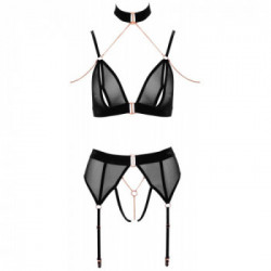 Abierta Fina - Set Reggiseno, Reggicalze, Nero, Tg L