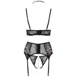 Abierta Fina Bra - Set in Pizzo Nero, Reggiseno, Reggicalze, Tg L