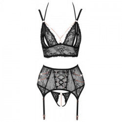 Abierta Fina - Set in Pizzo Nero, Reggiseno, Reggicalze, Tg M