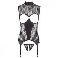 Abierta Fina Basque with String - Body in Pizzo Nero, Seno Scoperto, Taglia M