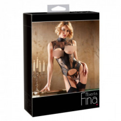 Abierta Fina Basque with String - Body in Pizzo Nero, Seno Scoperto, Taglia S