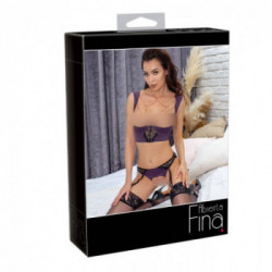 Abierta Fina Shelf Bra and Crotchless Suspender Briefs - Set Reggiseno, Reggicalze, Viola, Provocante, Taglia 80B/M