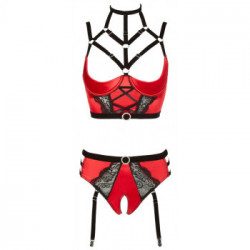 Abierta Fina - Set Reggiseno, Reggicalze, Pizzo, Rosso, Tg M