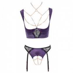 Abierta Fina Shelf Bra and Crotchless Suspender Briefs - Set Reggiseno, Reggicalze, Viola, Provocante, Taglia 80B/M