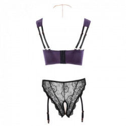 Abierta Fina Shelf Bra and Crotchless Suspender Briefs - Set Reggiseno, Reggicalze, Viola, Taglia 85C/XL