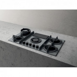 Elica NIKOLATESLA FLAME GR/F/83 - Piano Cottura a Gas con Cappa Integrata, 5 Fuochi, Vetro Grigio, 88 cm, PRF0147743, A