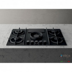 Elica NIKOLATESLA FLAME BL/F/88 - PIano cottura cappa integrata a gas, 88 cm, Vetro nero, 5 fuochi, PRF0147741, A
