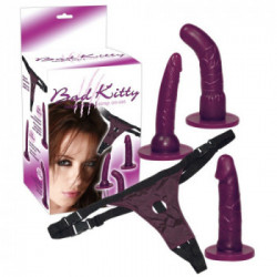 Bad Kitty - Set Strap On con 3 Dildo, Diverse Lunghezze, Regolabile, Viola