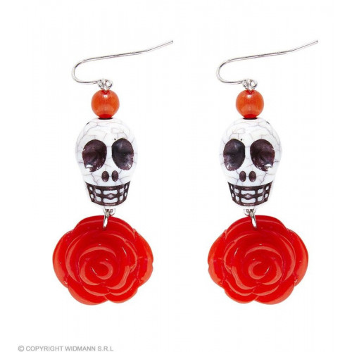 Paio di ORECCHINI TESCHIO BIANCO CON ROSA ROSSA