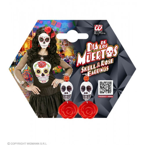 Paio di ORECCHINI TESCHIO BIANCO CON ROSA ROSSA