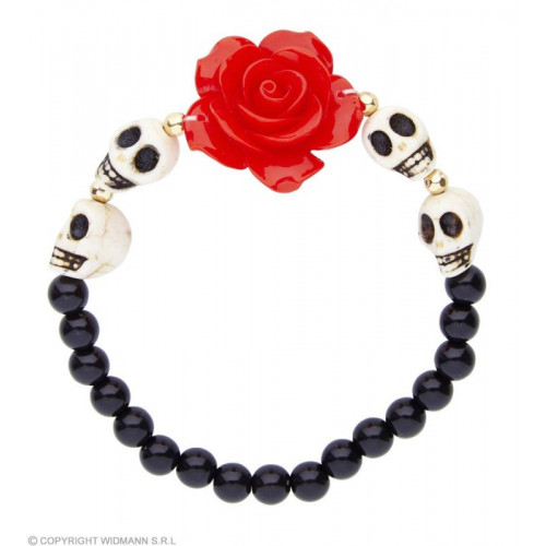 BRACCIALETTO ROSA ROSSA CON TESCHI BIANCHI E...