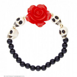 BRACCIALETTO ROSA ROSSA CON TESCHI BIANCHI E PERLINE