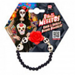 BRACCIALETTO ROSA ROSSA CON TESCHI BIANCHI E PERLINE