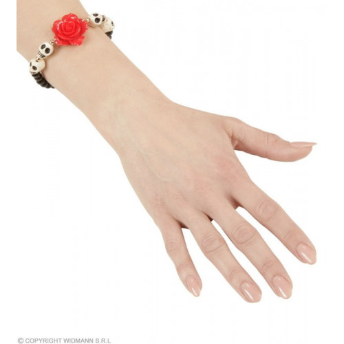 BRACCIALETTO ROSA ROSSA CON TESCHI BIANCHI E...