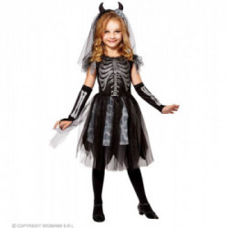 COSTUME SKELEDEV BRIDE (vestito, guanti senza dita, velo sposa con corna) (116 cm / 4-5 Years)