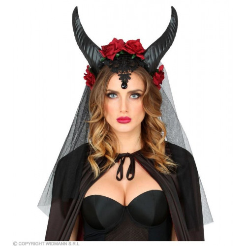 VELO SPOSA CON CORNA, ROSE, PIZZO E GEMMA NERA