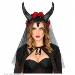 VELO SPOSA CON CORNA, ROSE, PIZZO E GEMMA NERA