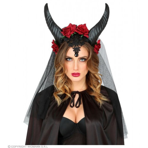 VELO SPOSA CON CORNA, ROSE, PIZZO E GEMMA NERA