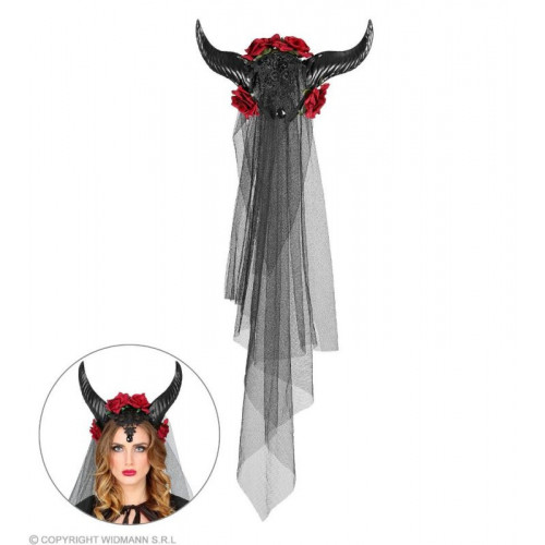 VELO SPOSA CON CORNA, ROSE, PIZZO E GEMMA NERA