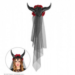 VELO SPOSA CON CORNA, ROSE, PIZZO E GEMMA NERA