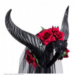 VELO SPOSA CON CORNA, ROSE, PIZZO E GEMMA NERA