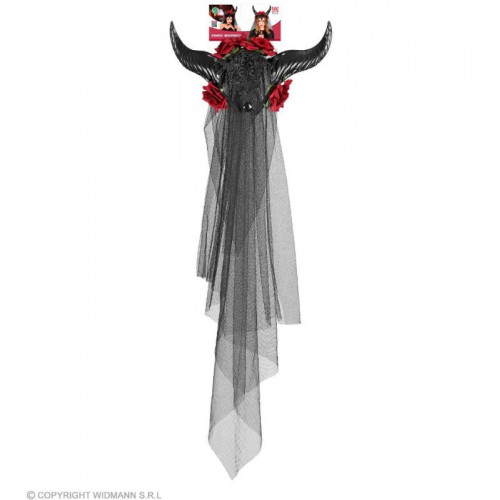 VELO SPOSA CON CORNA, ROSE, PIZZO E GEMMA NERA