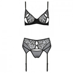 Passion Primula - Set Intimo, Taglia 2XL/3XL, Trio Nero, Reggicalze, Perizoma, Reggiseno, Pizzo Nero